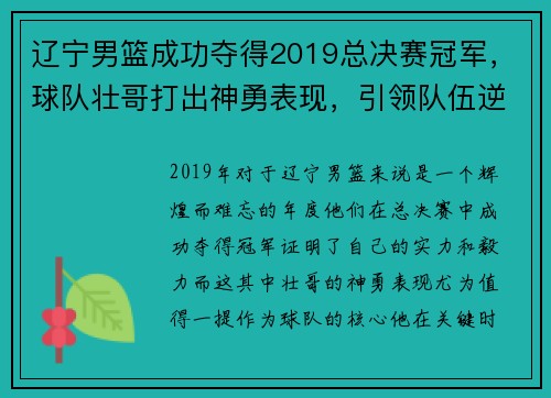 辽宁男篮成功夺得2019总决赛冠军，球队壮哥打出神勇表现，引领队伍逆转胜！