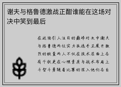 谢夫与格鲁德激战正酣谁能在这场对决中笑到最后