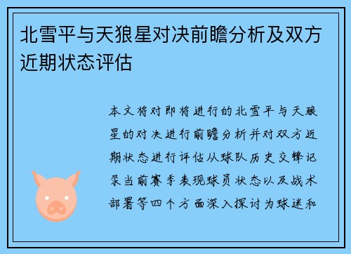 北雪平与天狼星对决前瞻分析及双方近期状态评估