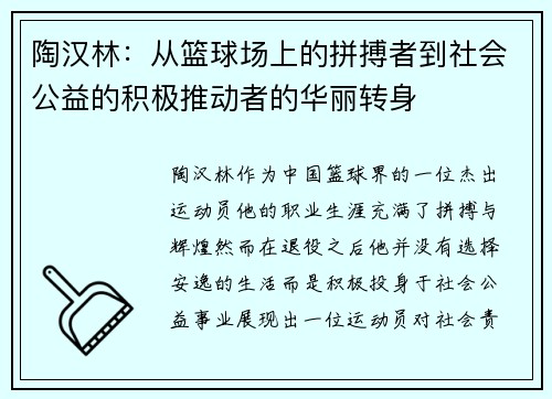 陶汉林：从篮球场上的拼搏者到社会公益的积极推动者的华丽转身