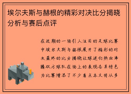 埃尔夫斯与赫根的精彩对决比分揭晓分析与赛后点评