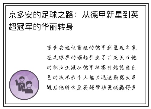 京多安的足球之路：从德甲新星到英超冠军的华丽转身