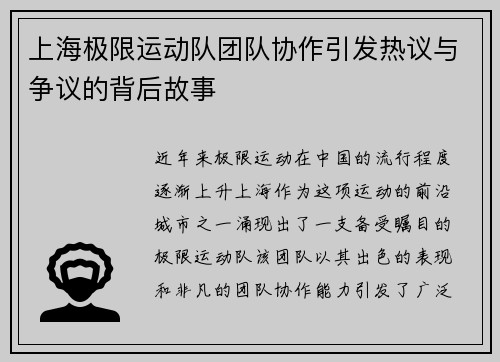 上海极限运动队团队协作引发热议与争议的背后故事