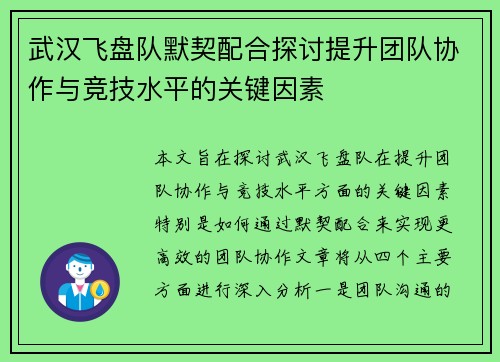 武汉飞盘队默契配合探讨提升团队协作与竞技水平的关键因素